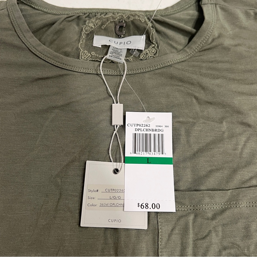 Cupio Olive Green Relaxed Fit Top SHIRT Eyelet Short Cap Sleeves NWT LARGE - Picture 2 of 7